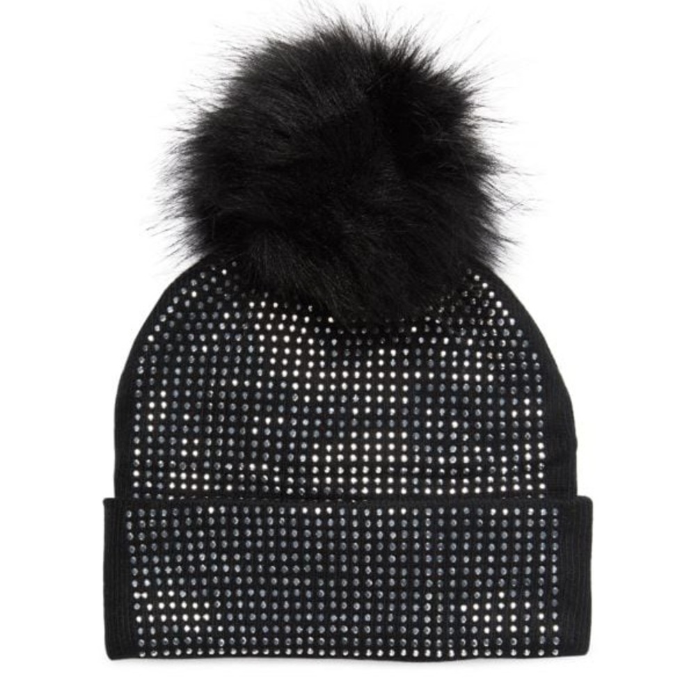 Adrienne Landau Embellished Faux Fur Pom Pom Beanie